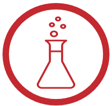 Icon for predictive analysis in the shape of a lab container within a red circle.