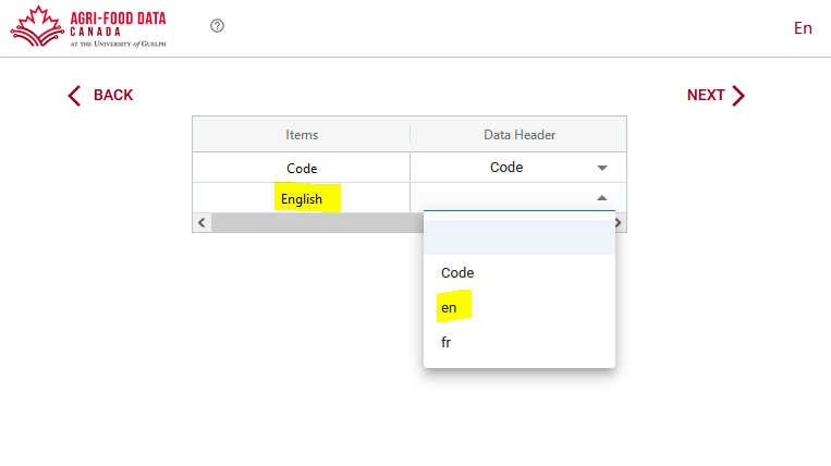 Match the code and language columns with the correct columns from your imported .csv file.