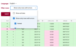 The Data Entry Web tool showing filtering based on rows with errors.