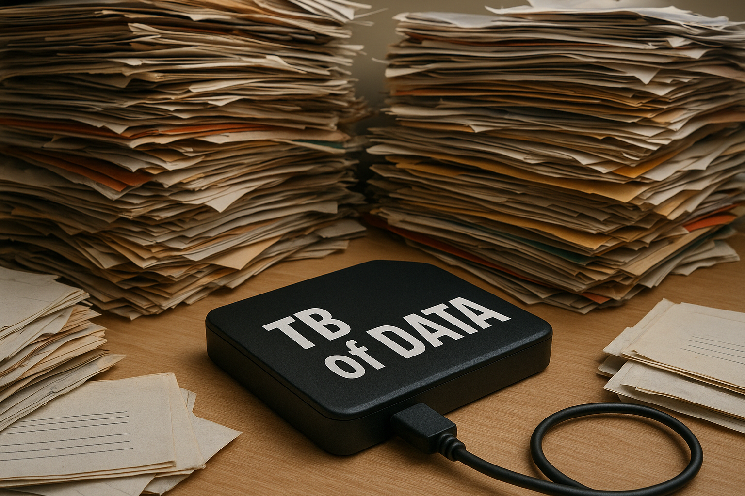 Piles of folders and an external HardDrive